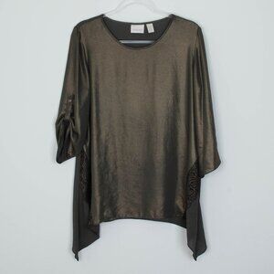 Chicos Womens Metallic Lace Shark Bite Top Size M 1‎ Green 3/4 Roll Tab Sleeve
